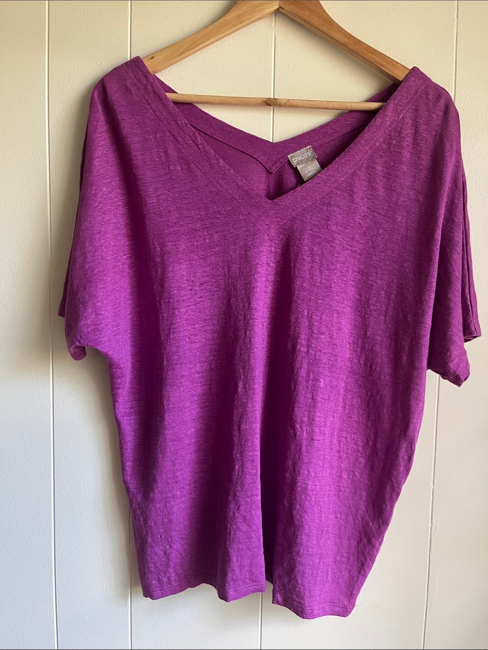 Chicos V-Neck Women's 100% Linen Boho Dolman Sleeve Top in Magenta Sz 3 or XL